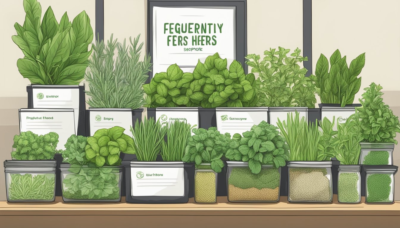 A display of various fresh herbs neatly arranged on a stand with a sign reading "Frequently Asked Questions: buy fresh herbs Singapore"