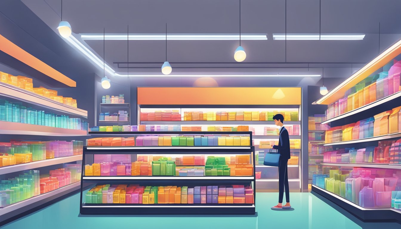 A brightly lit store in Singapore, shelves lined with colorful LED strips, customers browsing and asking questions to the attentive staff