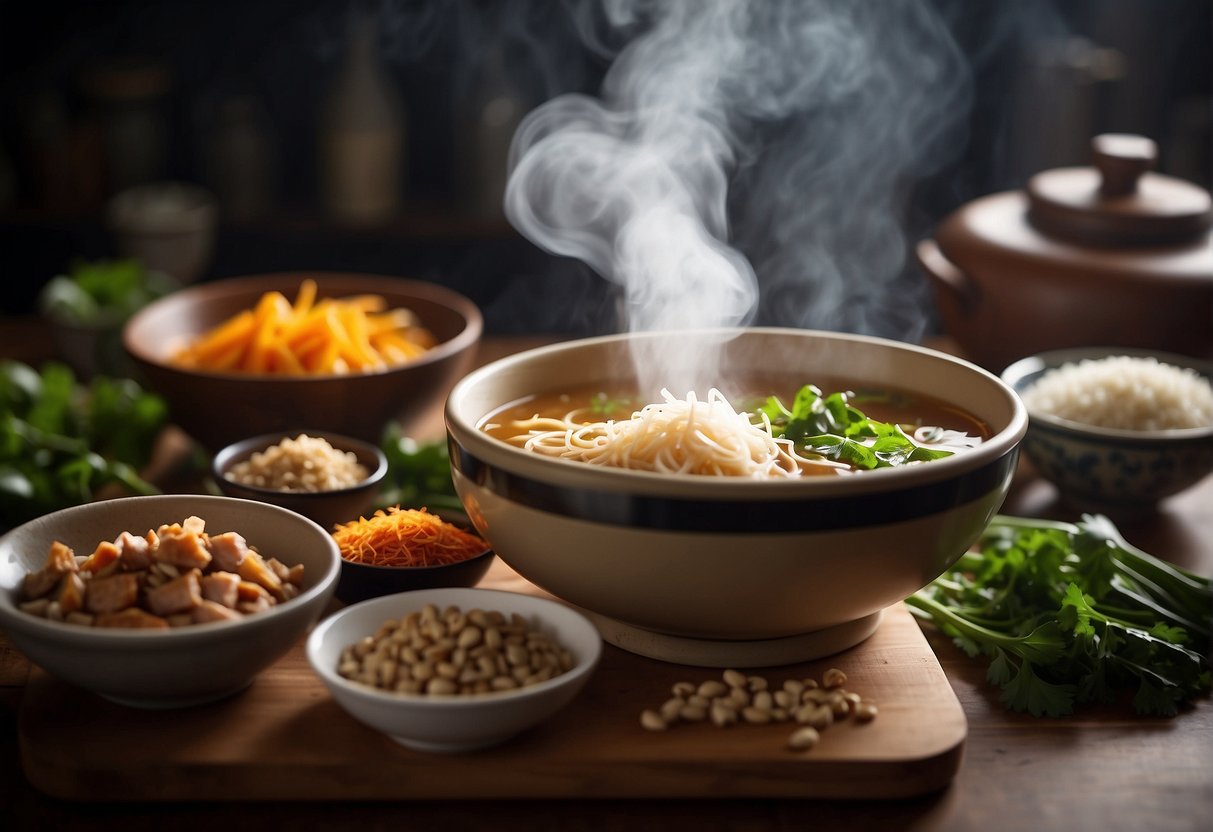 A steaming bowl of Chinese pork soup is being carefully ladled into a decorative ceramic bowl, while nearby, a row of neatly labeled glass jars holds various spices and ingredients for storage