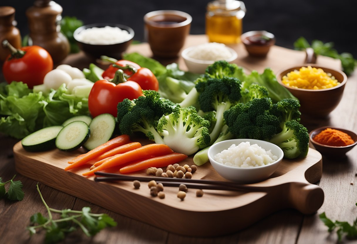 Fresh vegetables arranged on a wooden cutting board, with a wok and various Chinese condiments in the background