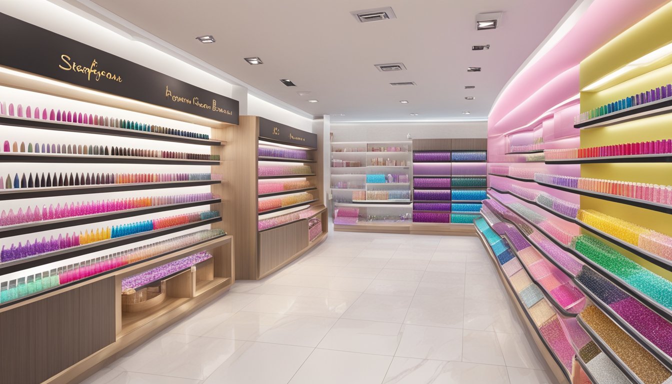 A display of colorful nail stickers on shelves at a Singaporean beauty store
