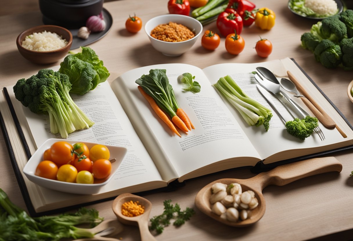 A table filled with colorful vegetables and cooking utensils, with a Chinese recipe book open to the "Frequently Asked Questions" section