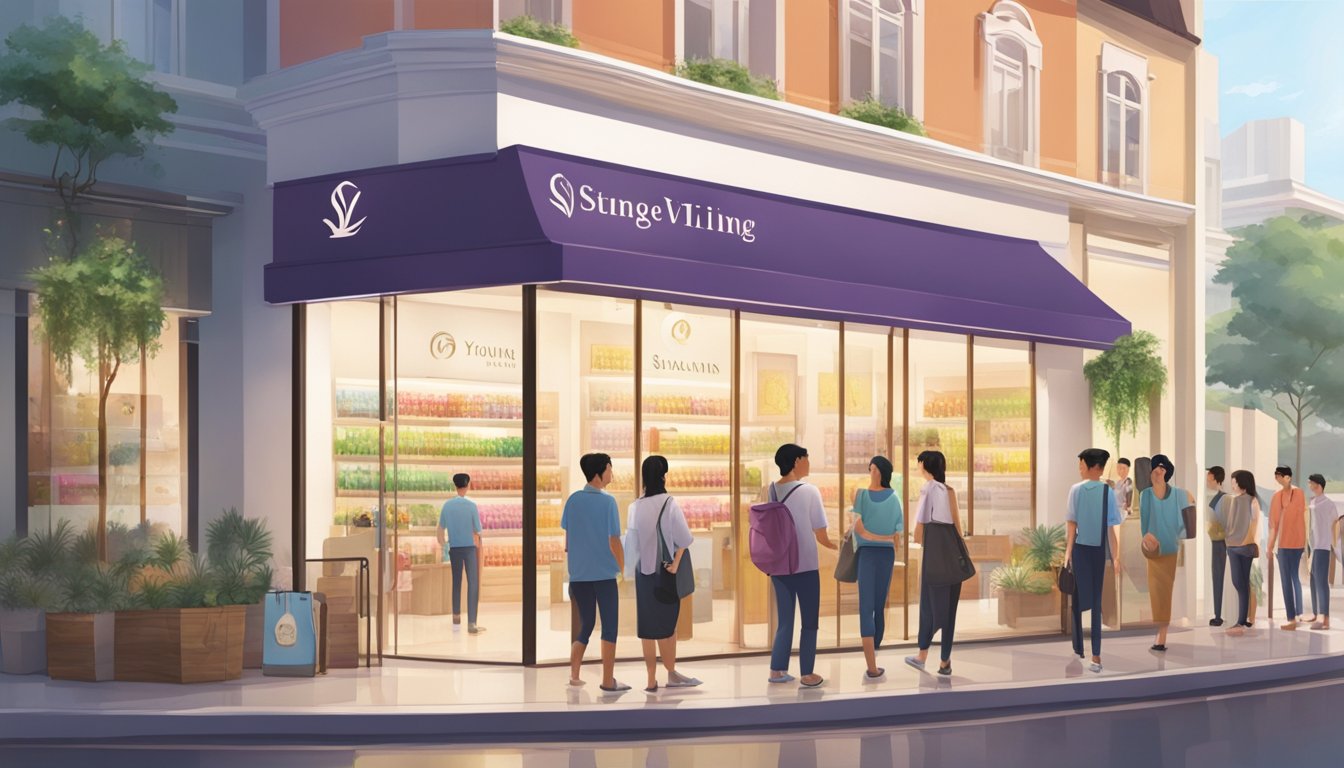 A bright and modern storefront in Singapore, with the Young Living logo prominently displayed. A line of customers eagerly waiting to enter the store