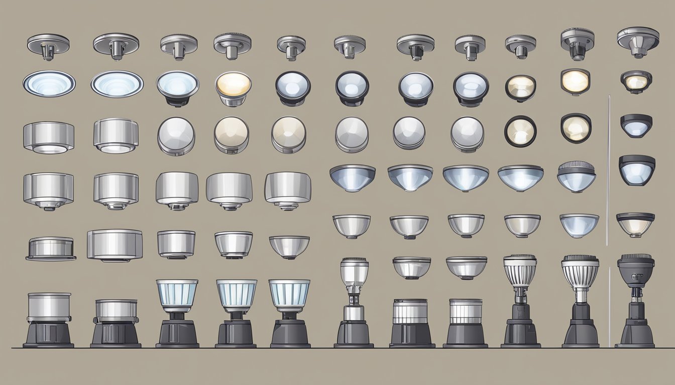 A display of various LED spotlights, with different sizes and brightness levels, arranged neatly on a shelf. The spotlights are labeled with their specifications and prices