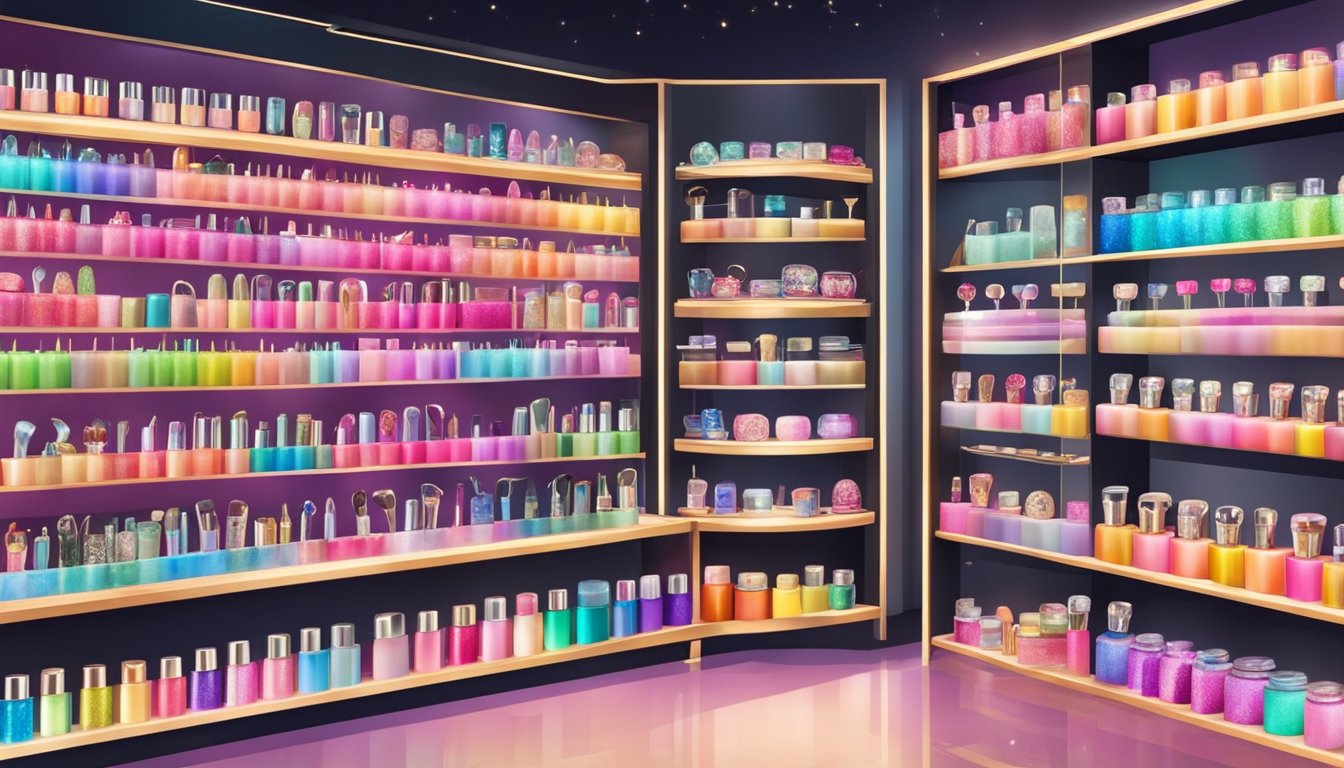 A colorful display of nail stickers on shelves in a trendy Singaporean beauty store. Bright lights illuminate the array of designs and patterns