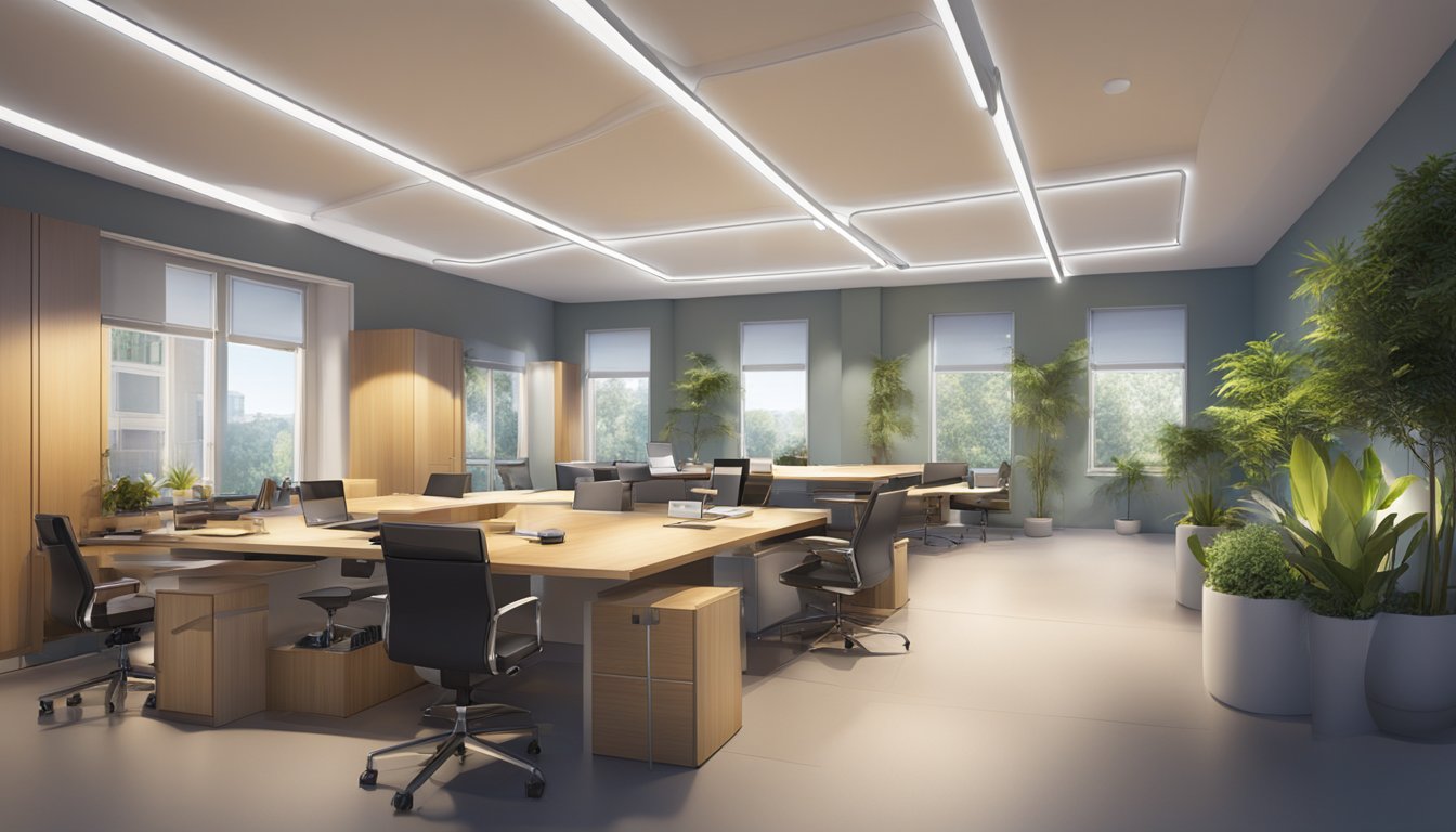 A room with a ceiling-mounted track system, showcasing various LED spotlights illuminating different areas. The spotlights are strategically placed to highlight specific objects or features within the space