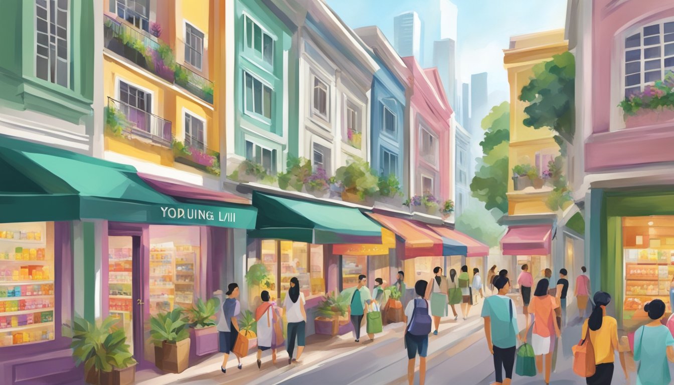 A bustling street in Singapore with colorful storefronts and signs advertising Young Living products. Shoppers browse and inquire about where to buy Young Living in Singapore