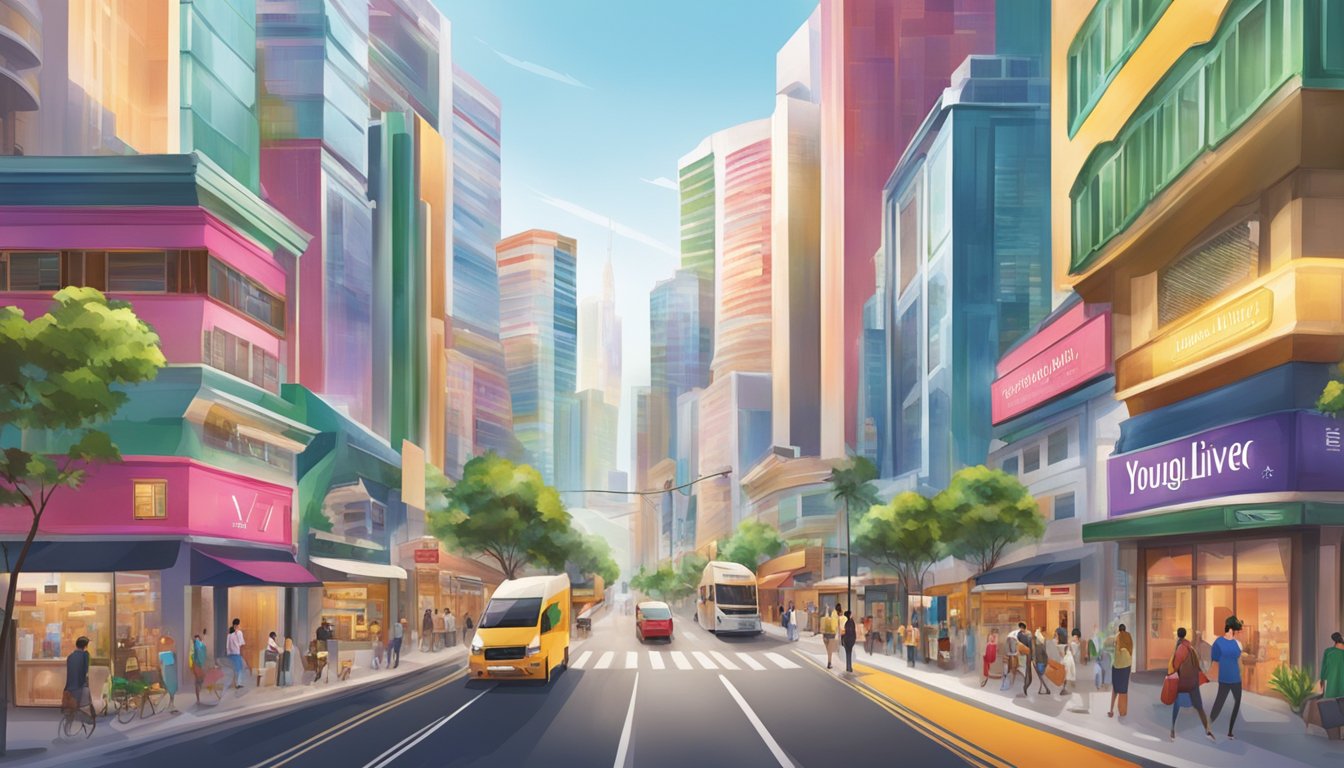 A vibrant cityscape with a prominent storefront displaying the "Young Living" logo, surrounded by bustling streets and diverse architecture in Singapore