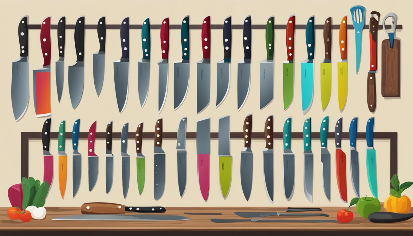 A variety of kitchen knives displayed on a wooden countertop, with a sign indicating "Choosing the Right Knife for Your Kitchen" and the logo of a kitchenware store in Singapore