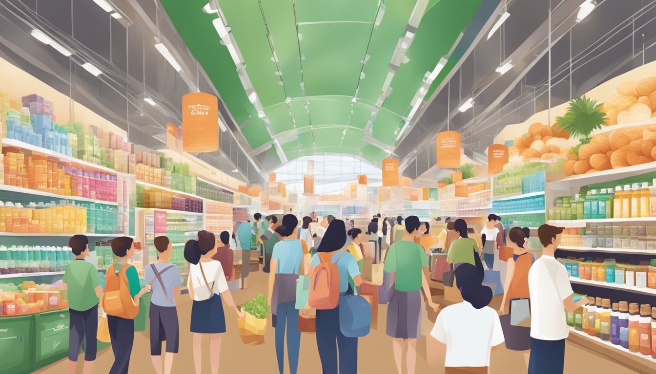 A bustling Singapore market with a prominent Young Living display and customers asking about product availability