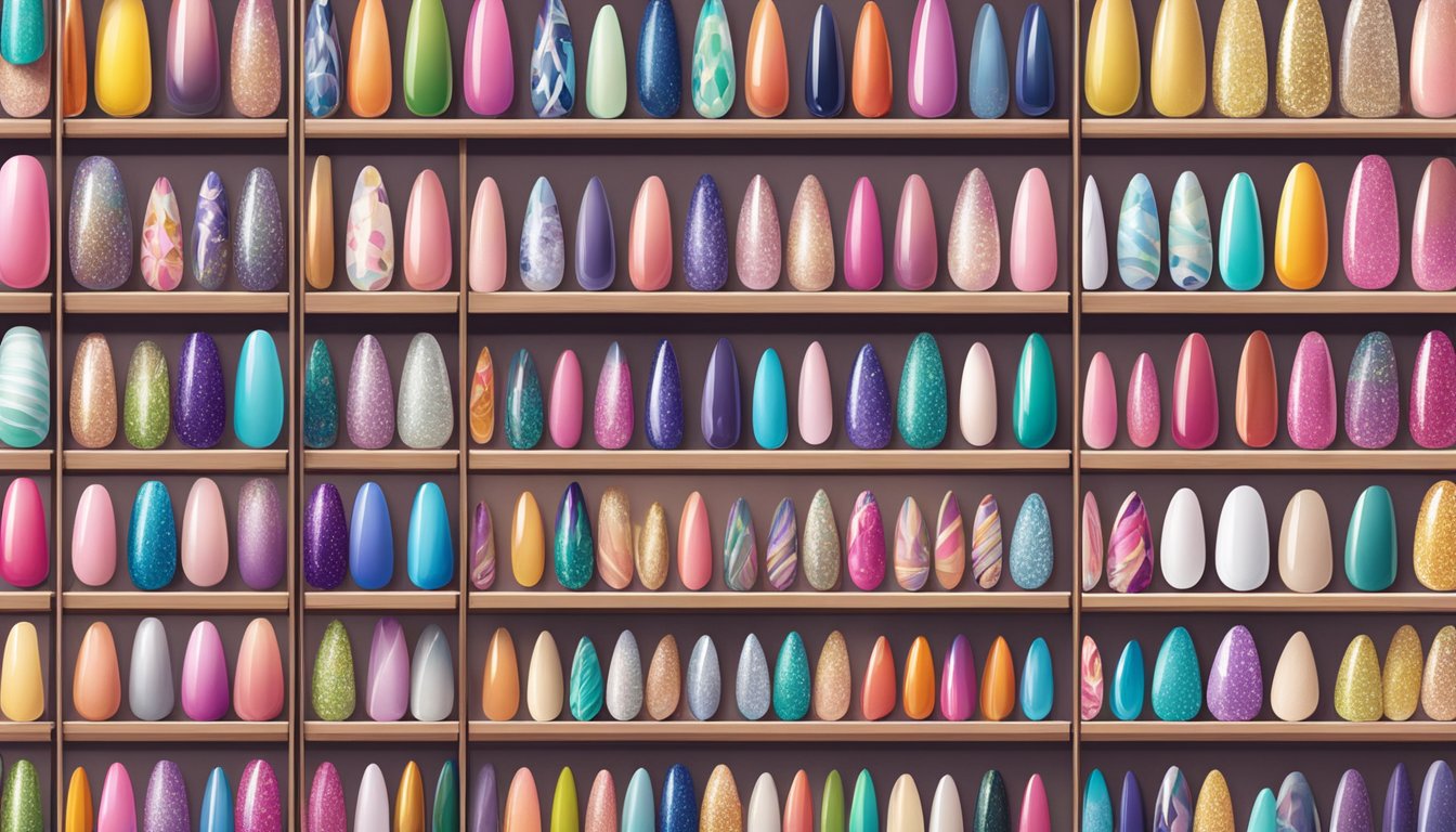 A display of colorful nail stickers arranged on shelves in a Singaporean store