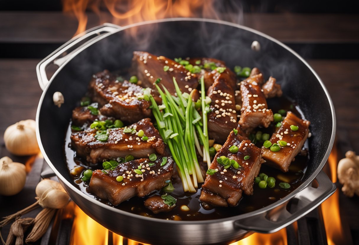 Sizzling pork spare ribs in a wok with soy sauce, garlic, ginger, and green onions. Steam rising, savory aroma filling the air