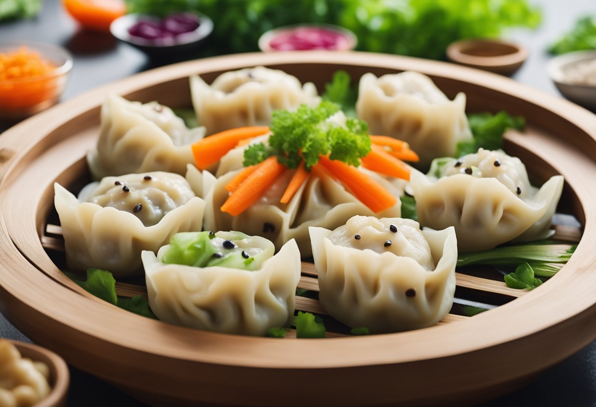 A bamboo steamer filled with steaming vegetarian Chinese dumplings, surrounded by colorful ingredients like mushrooms, cabbage, and carrots