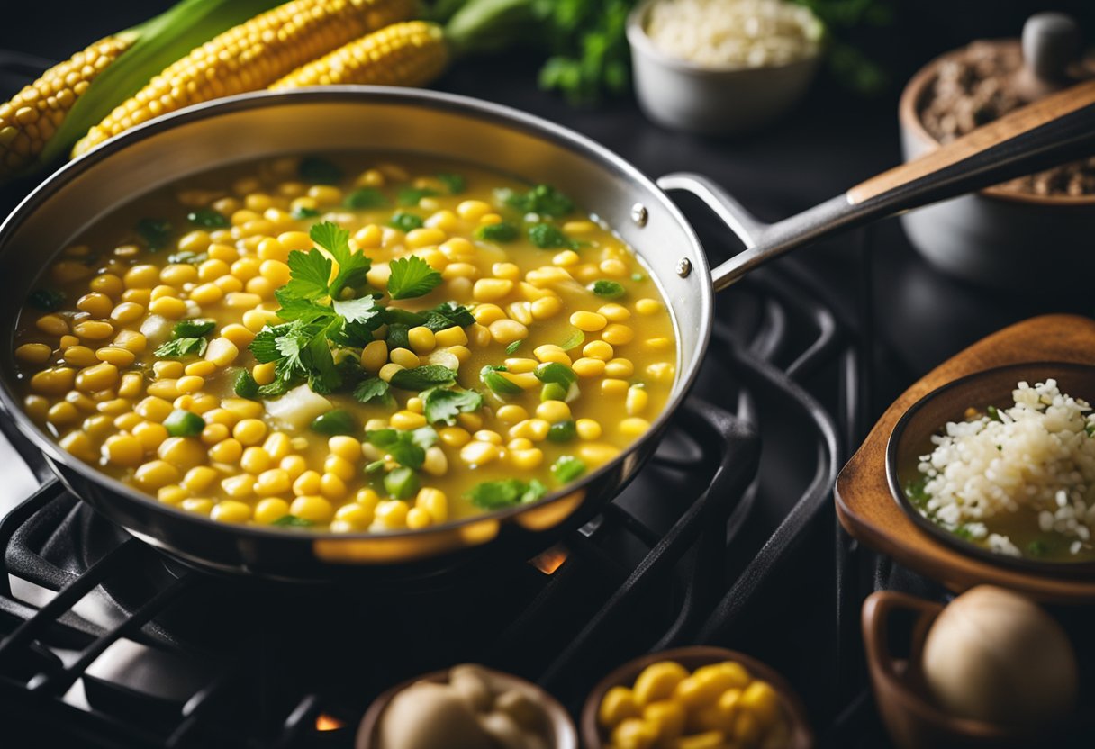 A steaming pot of vegetarian Chinese corn soup simmers on a stovetop, filled with vibrant yellow corn kernels, diced vegetables, and fragrant herbs and spices