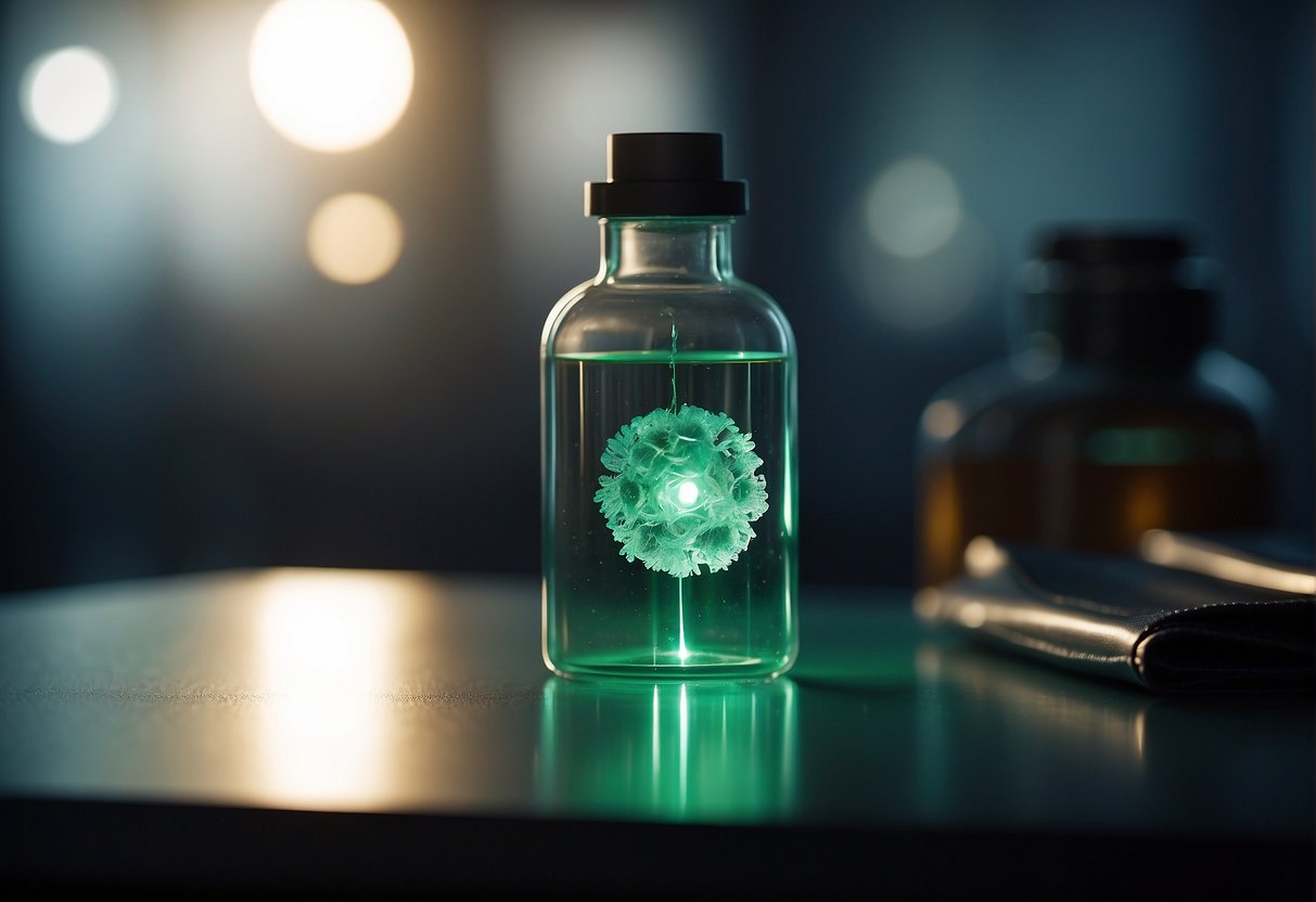 Auf einem Labortisch steht ein leuchtendes Fläschchen Radiumdex, das ein sanftes, ätherisches Licht ausstrahlt