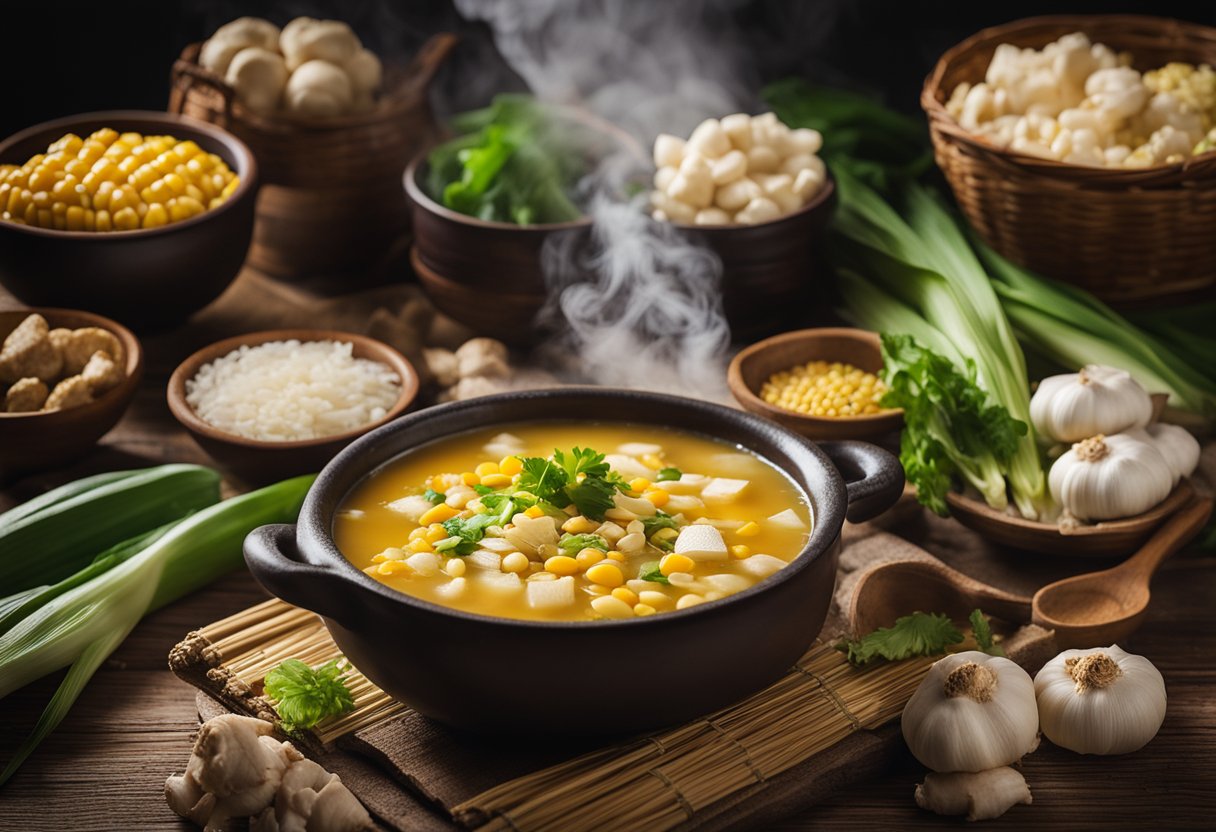 A steaming pot of Chinese corn soup sits on a rustic wooden table, surrounded by traditional Chinese ingredients like corn, tofu, and scallions. The aroma of ginger and garlic fills the air, highlighting the cultural significance of this vegetarian dish
