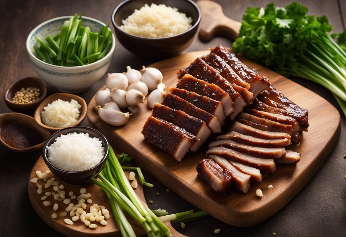 A cutting board with raw pork spare ribs, soy sauce, garlic, ginger, and green onions. Bowls of sugar, hoisin sauce, and rice wine vinegar