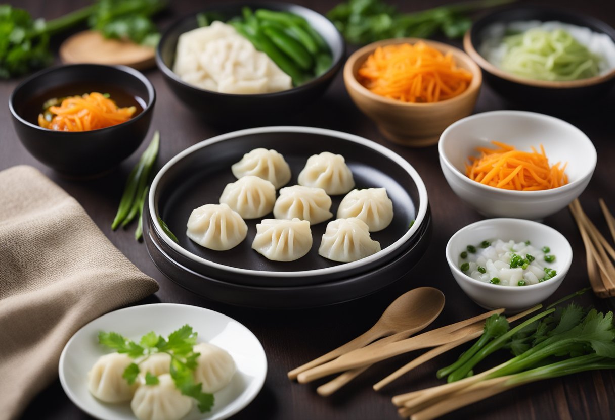 A table is set with ingredients for vegetarian Chinese dumplings. A bowl of finely chopped vegetables, a plate of dumpling wrappers, and a small dish of water are arranged neatly