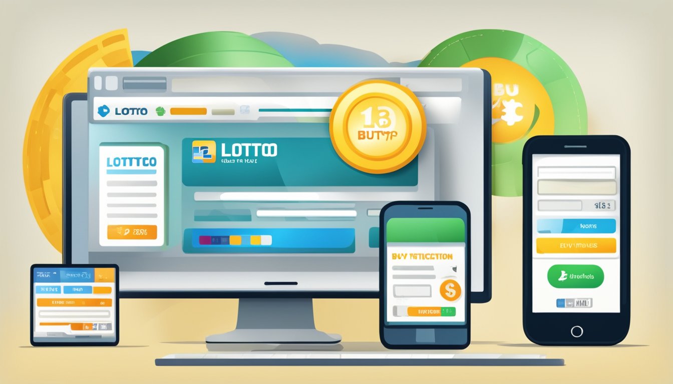 A computer screen displaying a website with a "buy lotto tickets" button, a credit card, and a mobile phone for verification