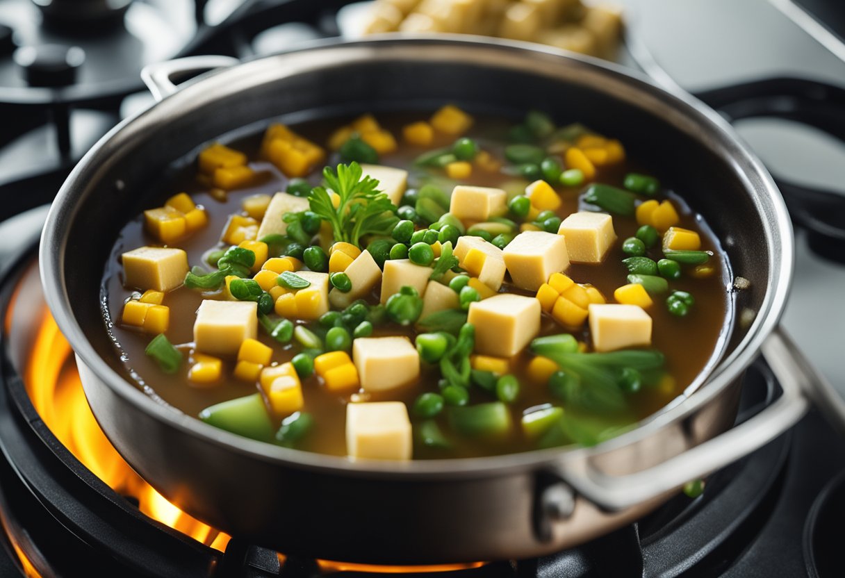 A pot simmering on a stove filled with vegetable broth, sweet corn, tofu, and green onions, with a hint of ginger and soy sauce