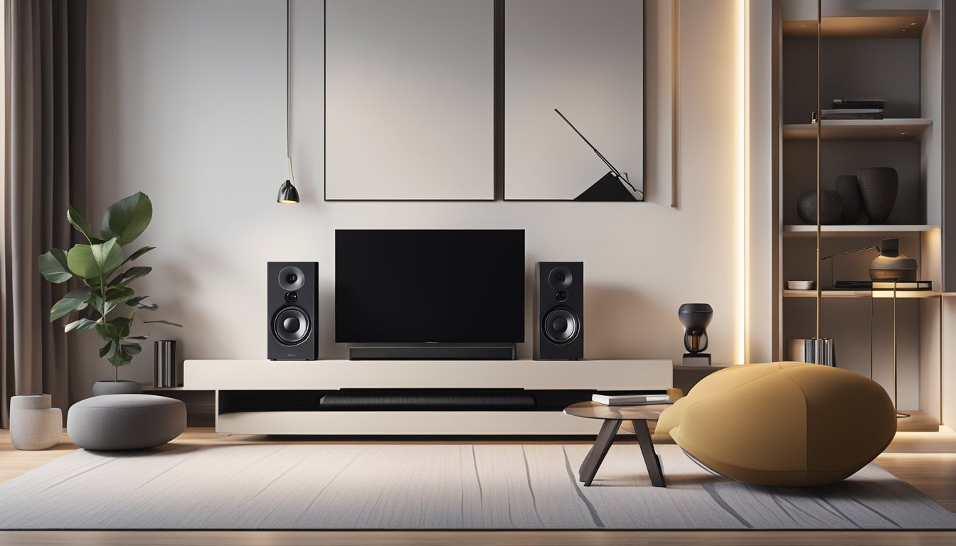 A sleek Nakamichi audio system sits on a modern shelf in a stylish living room, surrounded by chic decor and soft ambient lighting