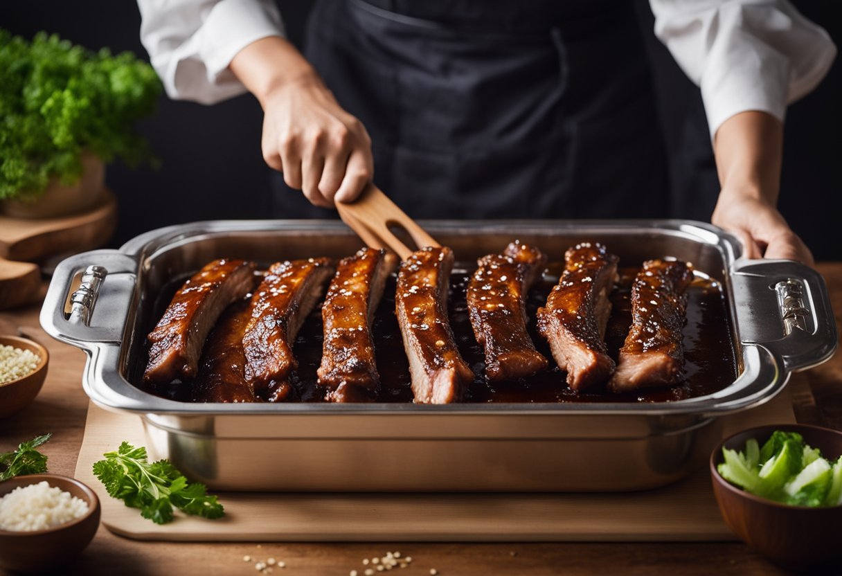 Chinese pork spare ribs being marinated in soy sauce, ginger, garlic, and honey. The ribs are then placed in a baking dish and covered with foil before being roasted in the oven