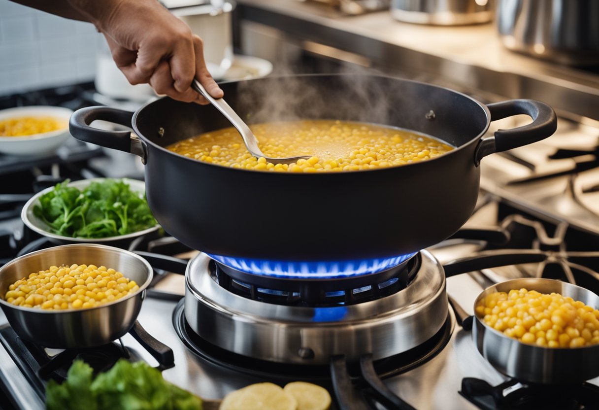 A pot simmers on a stove with corn, broth, and vegetables. A chef adds seasoning and stirs the fragrant soup