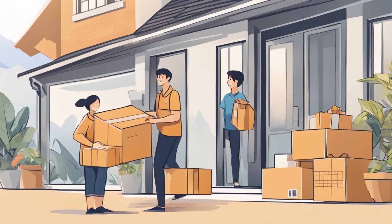 A person receiving a package at their doorstep labeled "Direct from Taobao Singapore." The package is being handed over by a delivery person with a smile