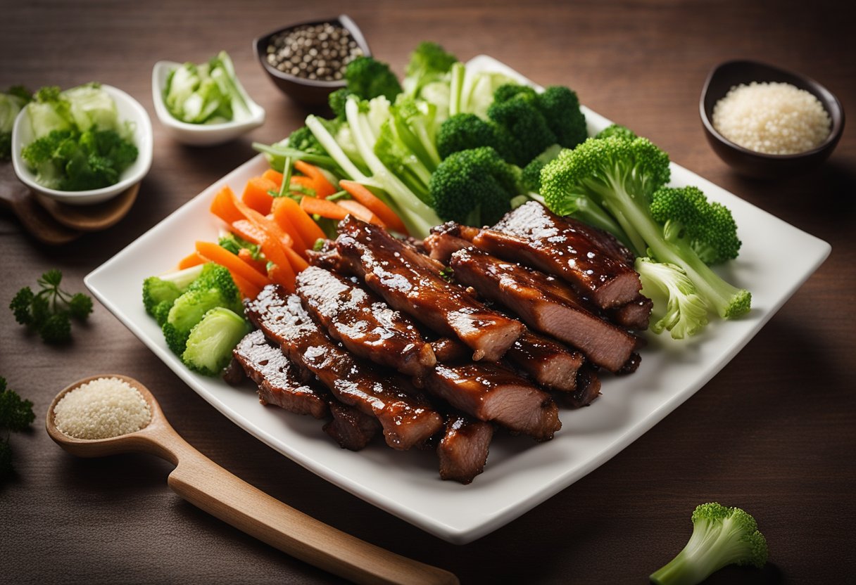 A platter of succulent Chinese pork spare ribs surrounded by steamed vegetables and garnished with sesame seeds and green onions