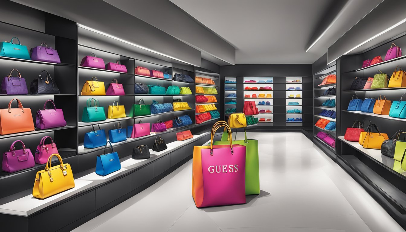 A colorful display of Guess bags arranged on shelves, with the iconic Guess logo prominently featured. Bright lighting highlights the sleek and stylish designs