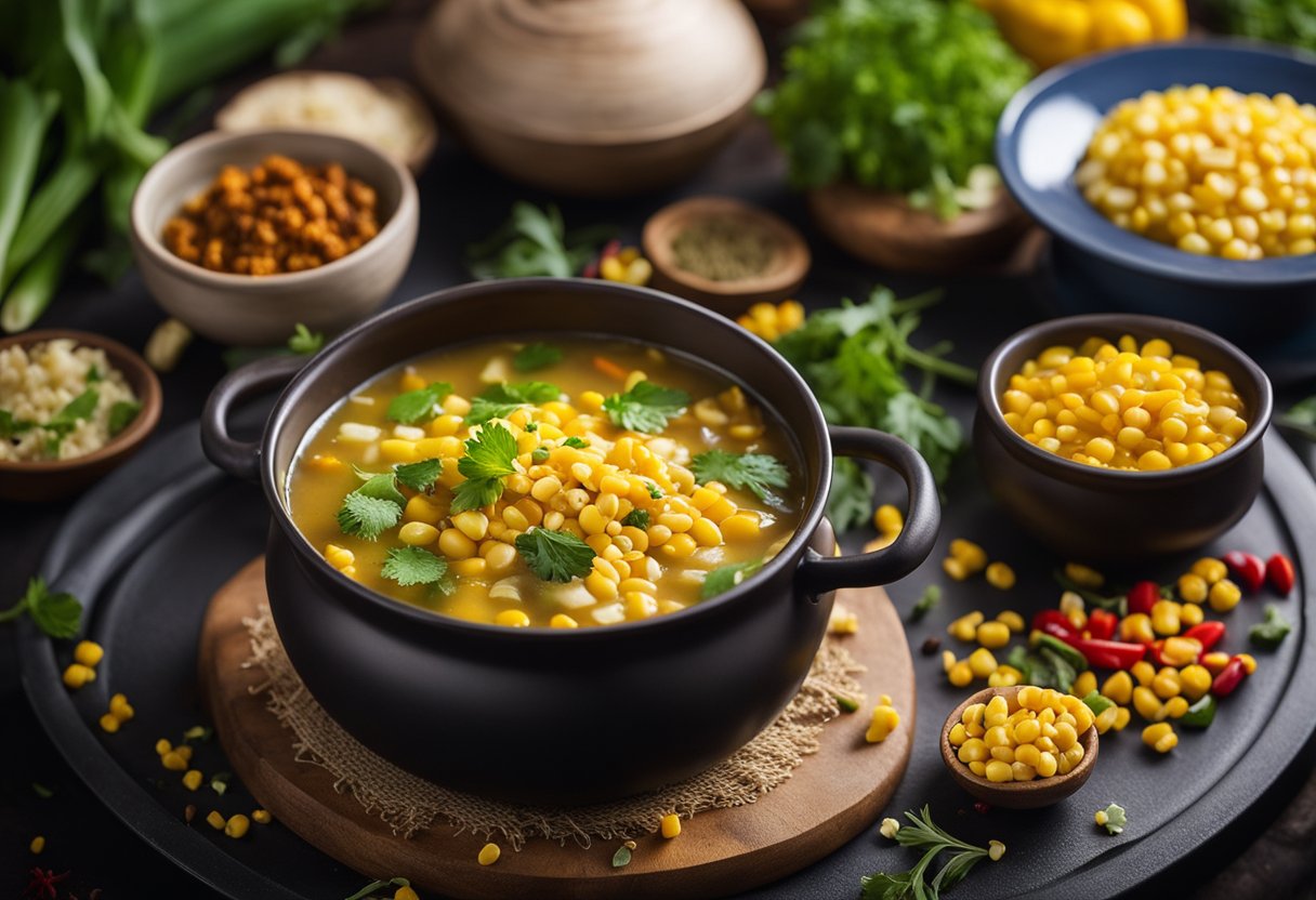 A pot of vegetarian Chinese corn soup simmers on a stovetop, filled with vibrant yellow kernels and colorful vegetables, surrounded by an array of aromatic spices and herbs