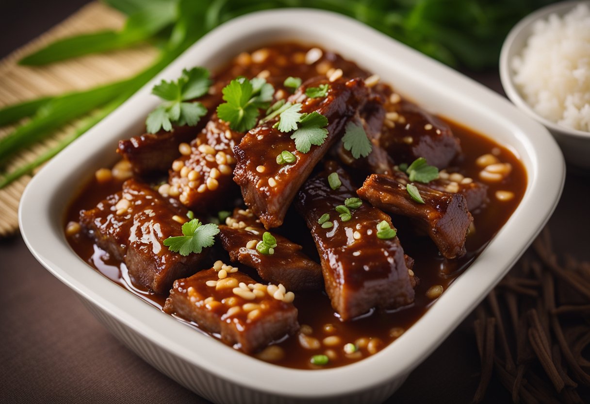 Chinese pork spare ribs in a glass container, covered in a savory sauce, placed in a microwave next to a bowl of steamed rice