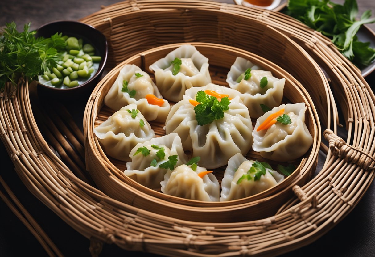 A steaming bamboo basket filled with freshly steamed vegetarian Chinese dumplings, surrounded by colorful dipping sauces and garnished with fresh herbs