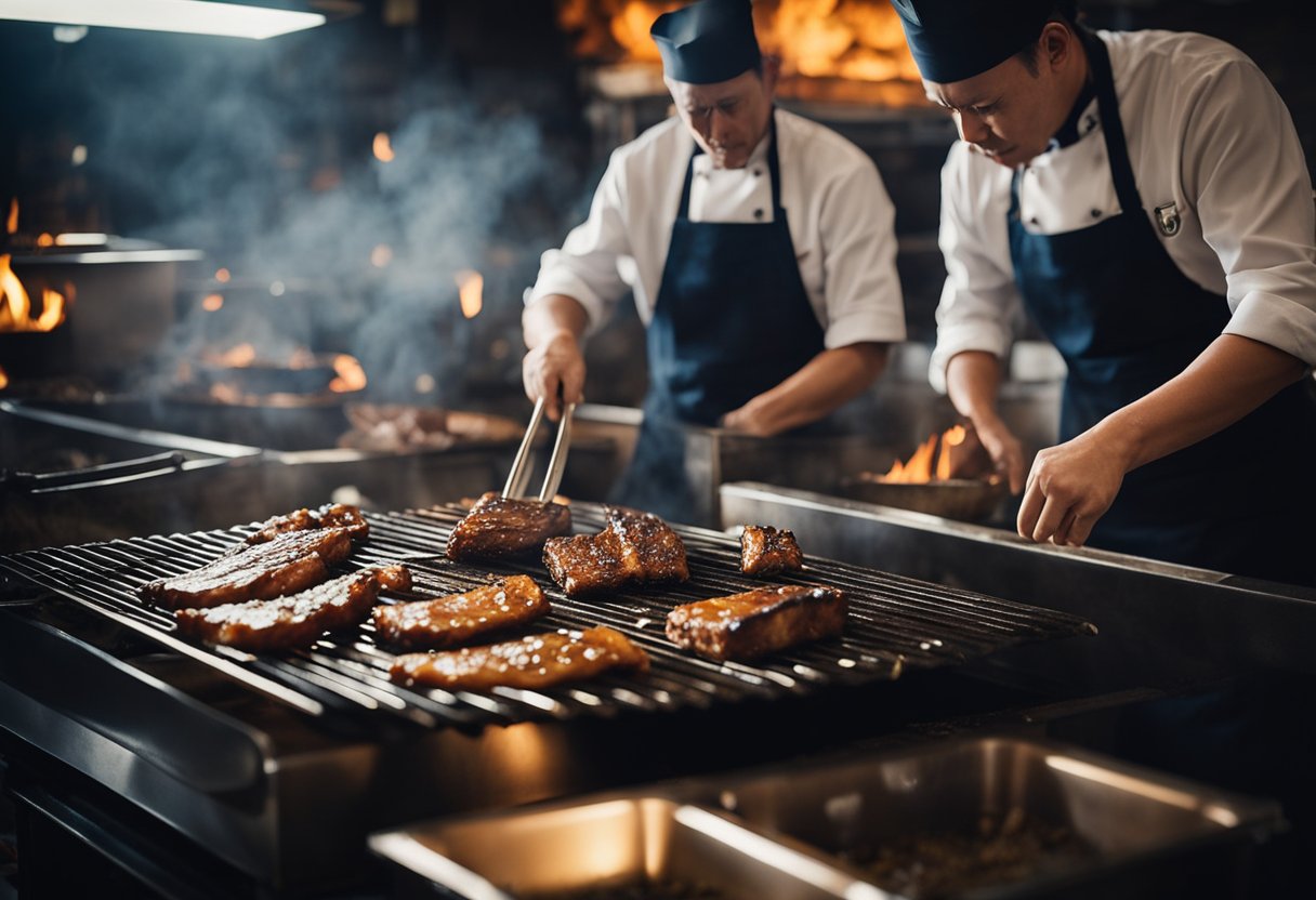 A chef marinates pork spare ribs in a blend of soy sauce, hoisin, and spices, then grills them to perfection