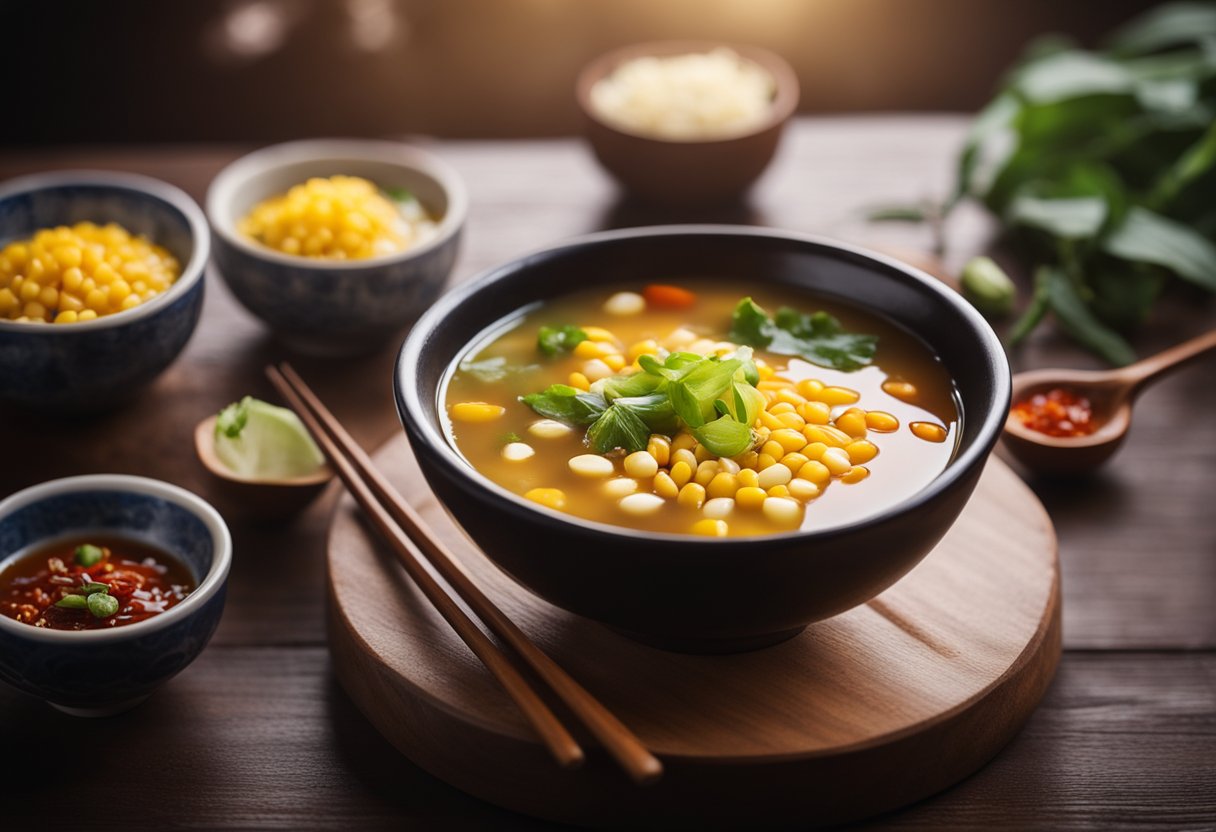 A steaming bowl of vegetarian Chinese corn soup sits on a wooden table, accompanied by a pair of chopsticks and a small dish of chili oil