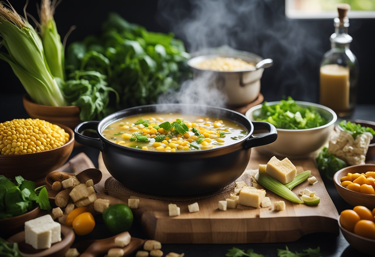 A steaming pot of vegetarian Chinese corn soup surrounded by fresh corn, tofu, and colorful vegetables on a kitchen counter