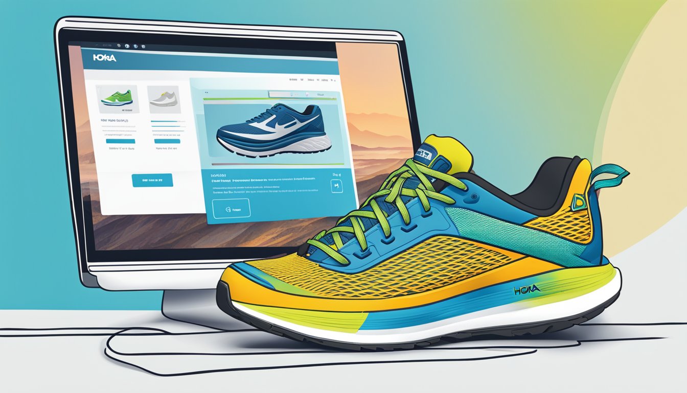 A computer screen showing a website with the Hoka shoe brand logo and a "buy now" button