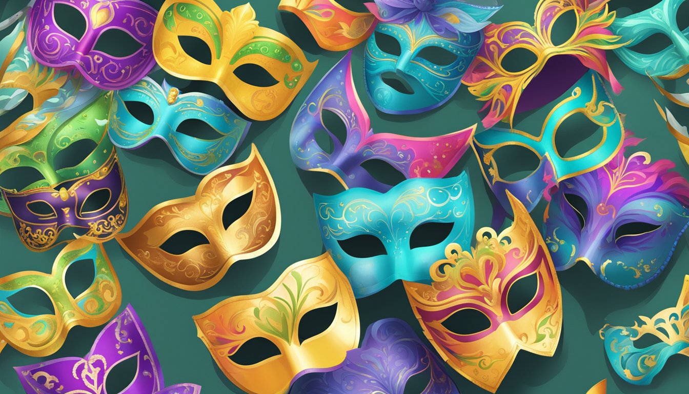 Various colorful masquerade masks displayed on a computer screen with a "buy now" button