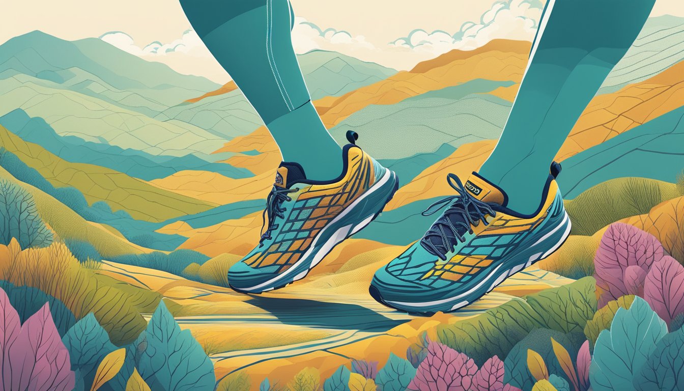 A runner's feet finding comfort in Hoka shoes, surrounded by various terrains and landscapes, symbolizing versatility and adaptability