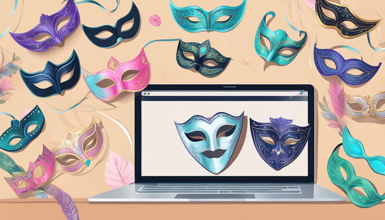A table displays a variety of masquerade masks. A laptop shows an online store with a wide selection. A hand reaches for a mask