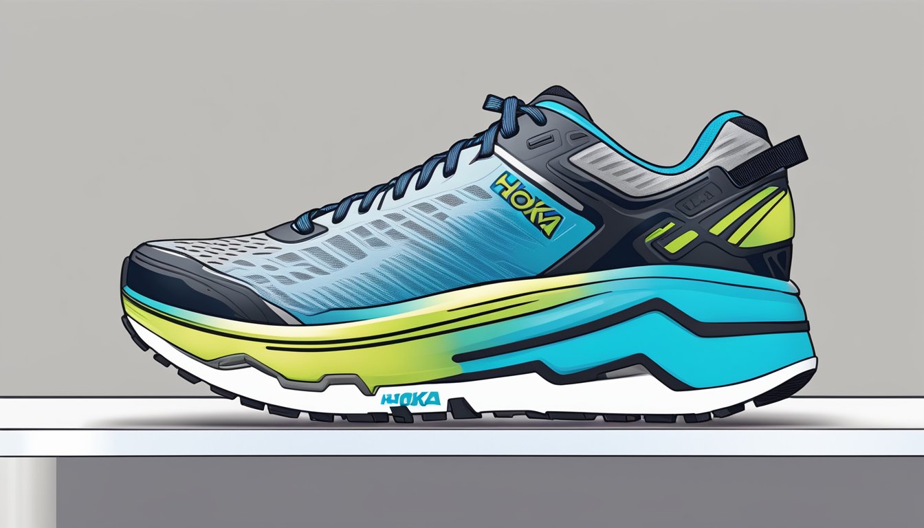 A computer screen displaying the Hoka shoe website with a cursor clicking on the desired shoe, a credit card ready for payment