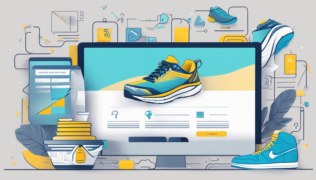 A computer screen displaying a webpage with the title "Frequently Asked Questions buy hoka shoes online" surrounded by various shoe illustrations and a search bar
