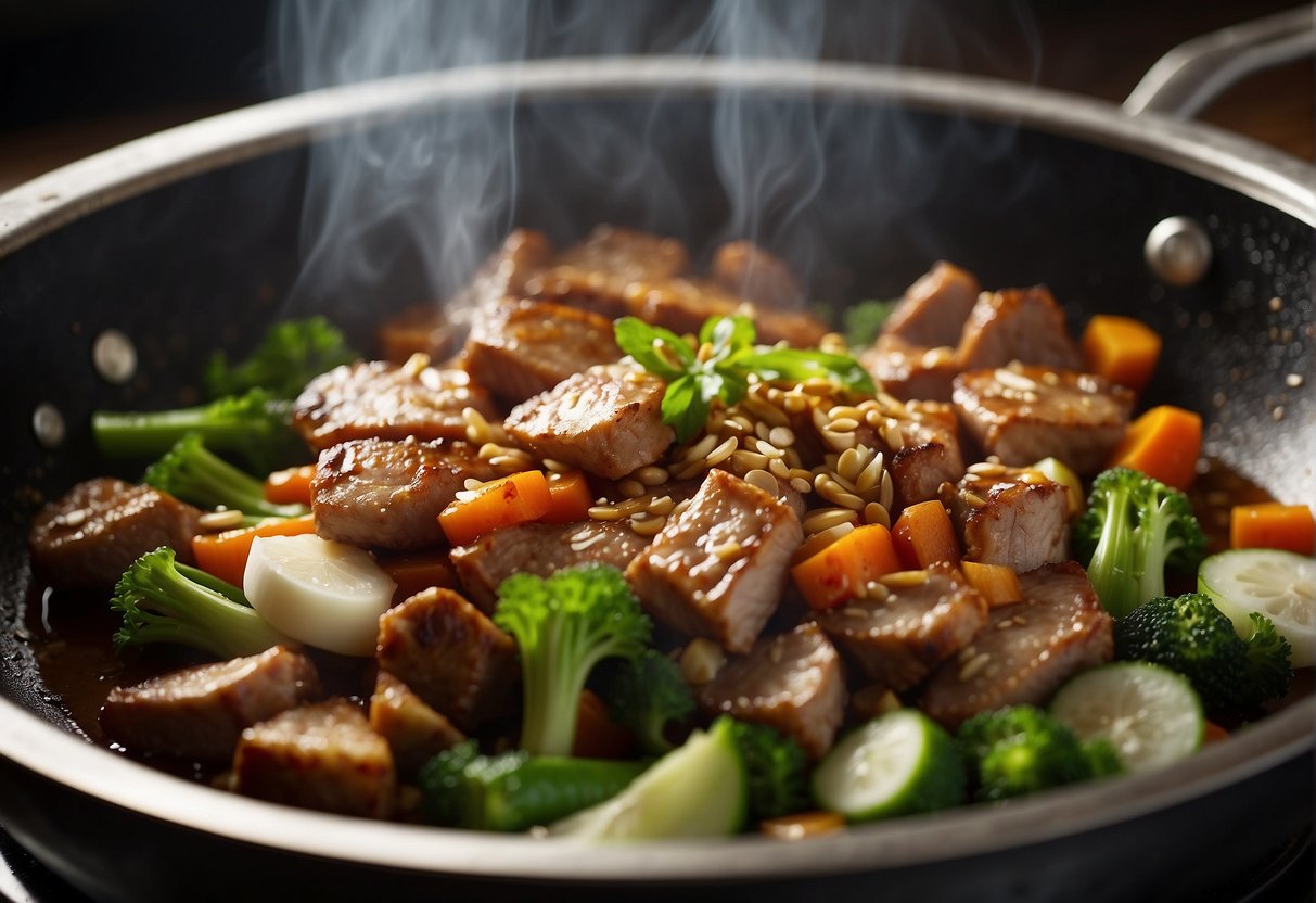 Sizzling pork, garlic, and ginger in a wok. Soy sauce and vegetables added. Steam rising. Rich aroma fills the kitchen