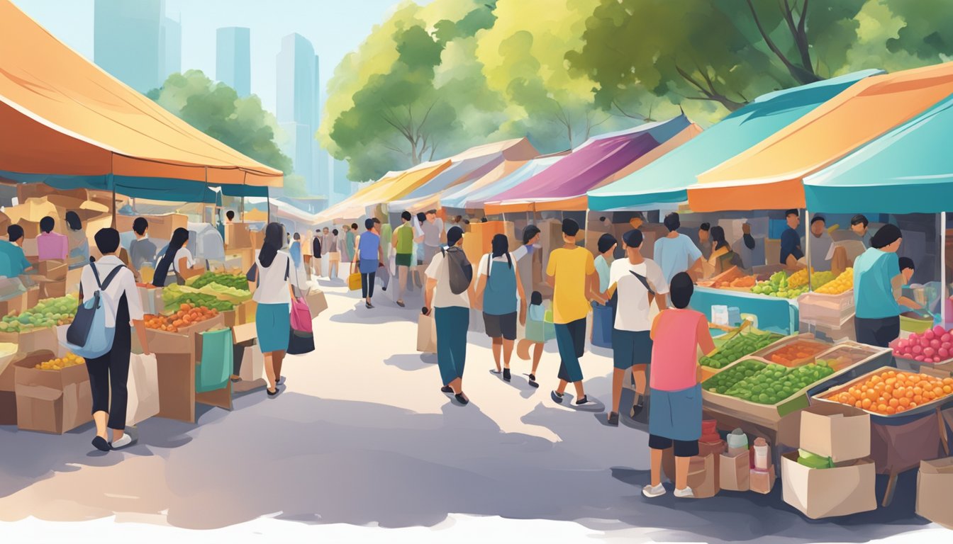 A bustling outdoor market in Singapore, with colorful stalls selling various goods, including Nalgene water bottles. People browse and shop under a bright, sunny sky