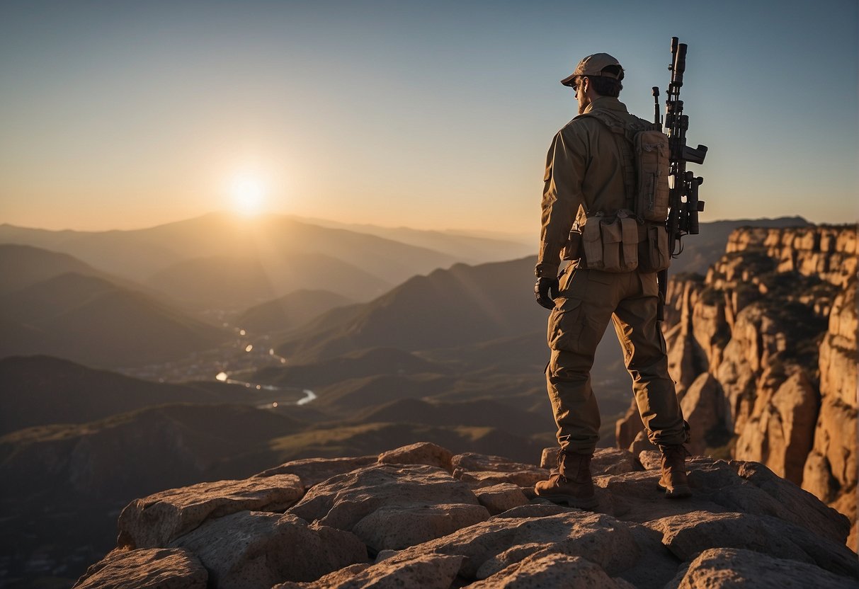 Sol Sniper berdiri di atas tebing berbatu, menatap cakrawala di kejauhan. Matahari terbenam memancarkan cahaya hangat pada lanskap terjal, menciptakan bayangan panjang dan menonjolkan tepi tajam medan