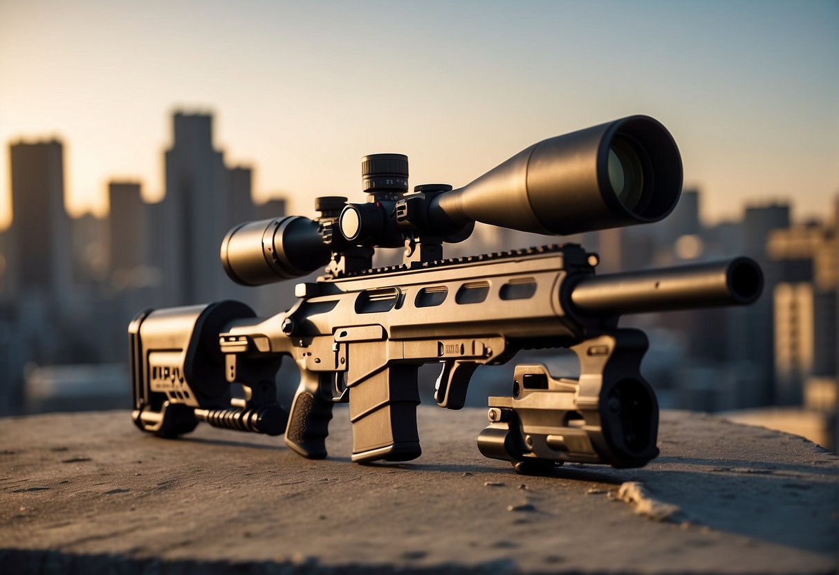 Un rifle de francotirador elegante y futurista con óptica avanzada y un silenciador, con un telón de fondo de ruinas urbanas y una puesta de sol.