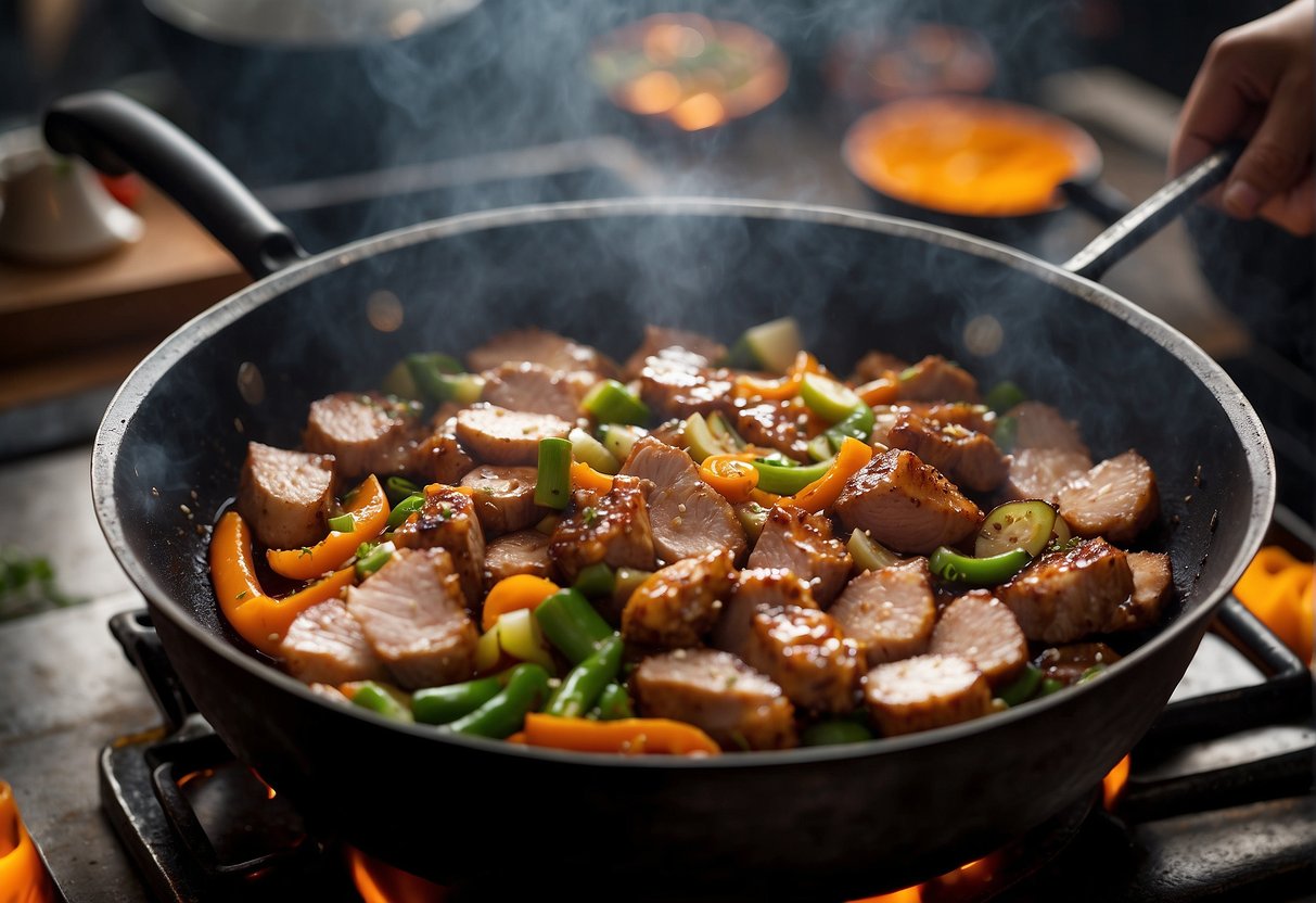 Sizzling pork, ginger, and garlic in a wok. Sliced vegetables and soy sauce nearby. Steam rising. Aromatic and colorful