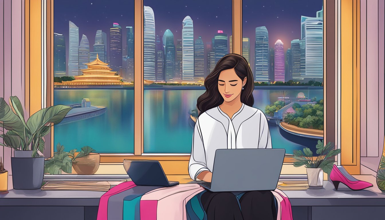 A woman browsing a variety of colorful and elegant abayas on her laptop, with the skyline of Singapore visible through the window