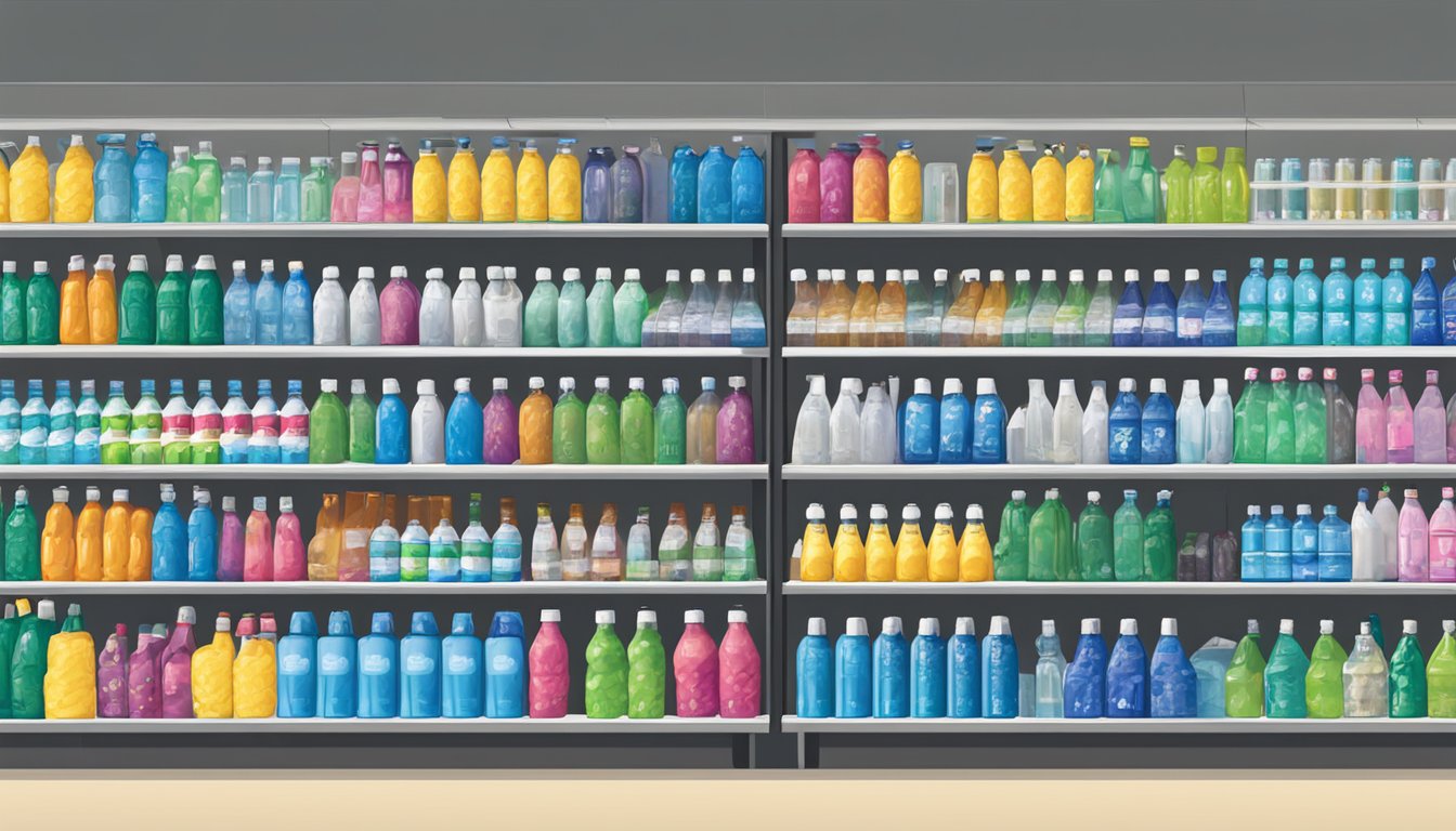 A store shelf displays Nalgene water bottles in Singapore, with various colors and sizes available for purchase