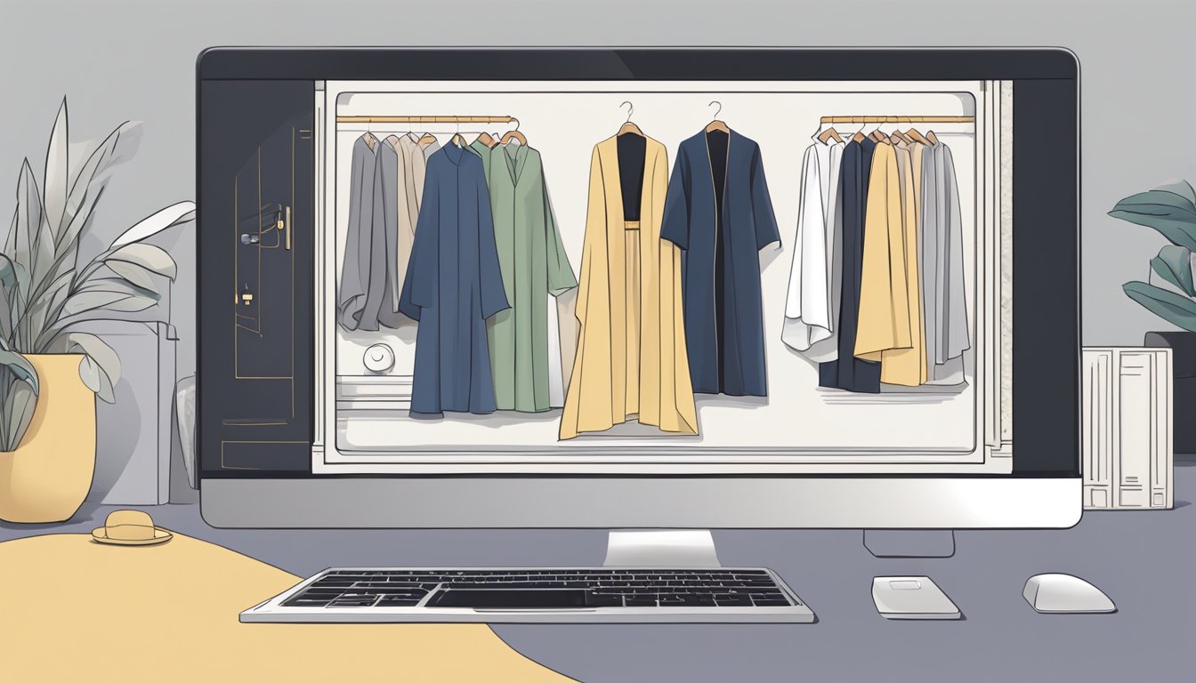 A laptop open to a website displaying a variety of stylish abayas. A hand reaches for the mouse, ready to click and explore the options